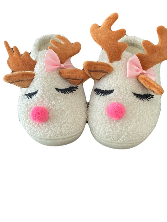 Peppermint Other - Peppermint White Plush Reindeer Slippers with Pink Nose & Bows